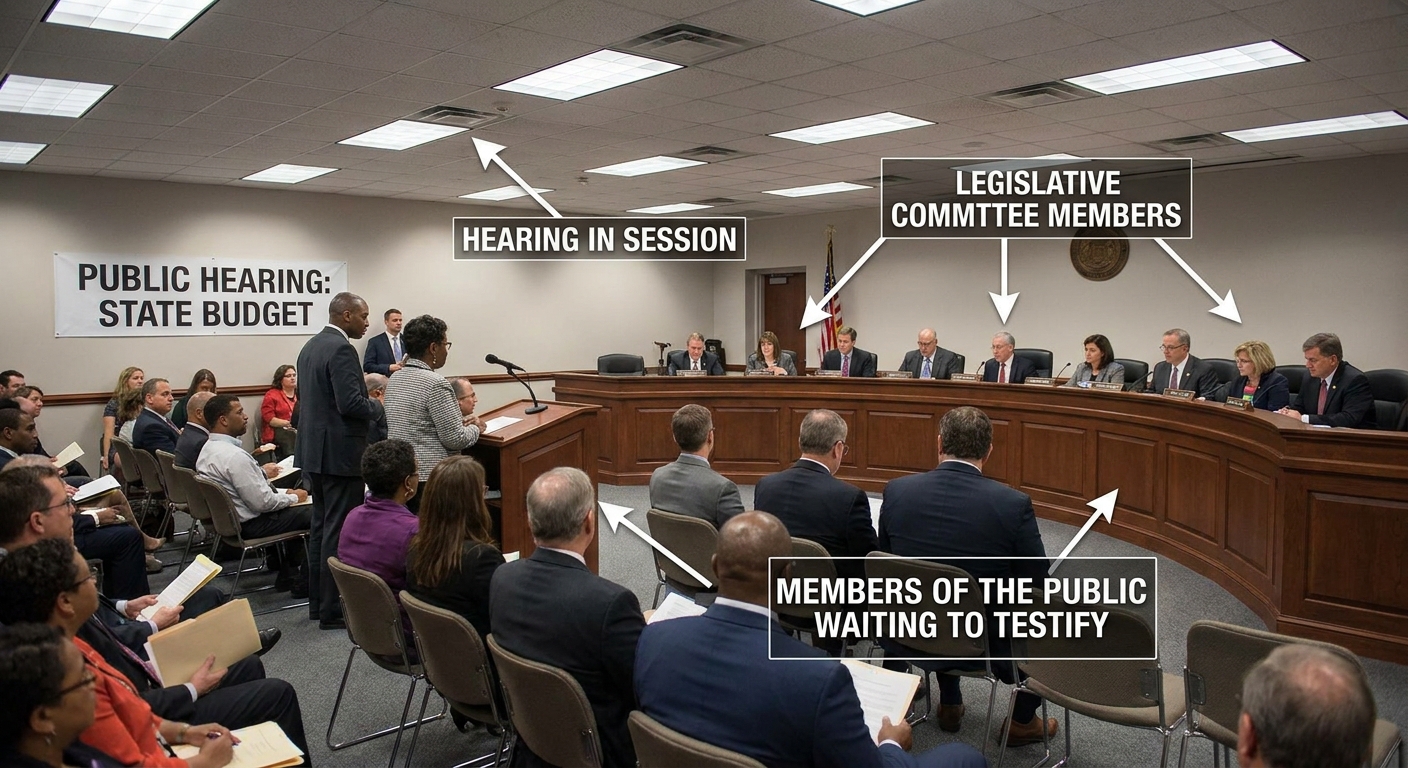A state legislative committee room during a public hearing with lawmakers seated at a dais and members of the public waiting to speak, news photography style