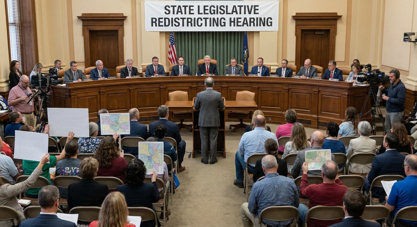 A state legislative redistricting public hearing in a crowded government meeting room, with lawmakers seated at a dais and members of the public seated behind them, documentary news photography style