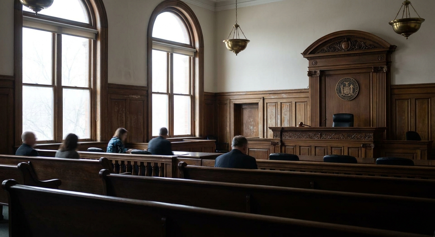A state supreme court courtroom interior with wooden benches, a raised judge's bench, and soft natural light, realistic news photography style