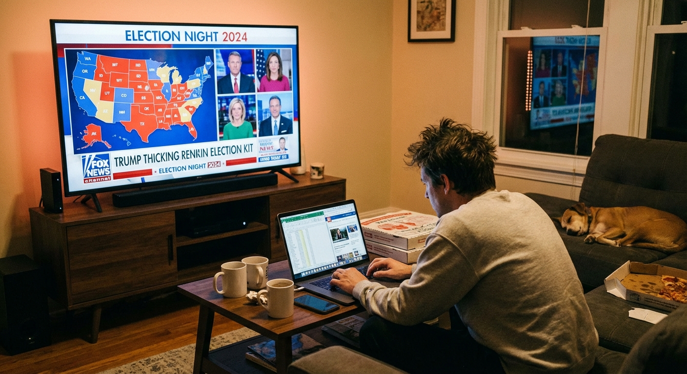 A television in a living room showing election night coverage while a person updates results on a laptop