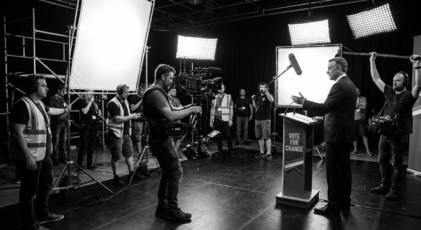 A television political campaign advertisement being filmed on a soundstage with bright studio lights and a camera crew, documentary photojournalism style