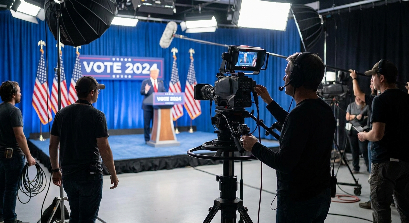 A television studio crew filming a political advertisement with a camera on a tripod pointed at a lit set, news photography style