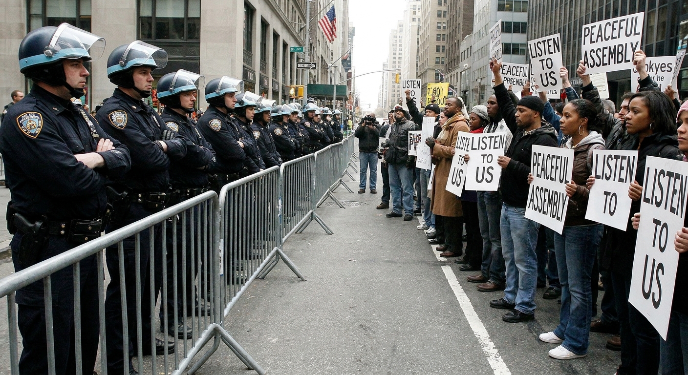 A tense but nonviolent street protest with demonstrators facing a line of police officers in helmets, daylight news photograph style