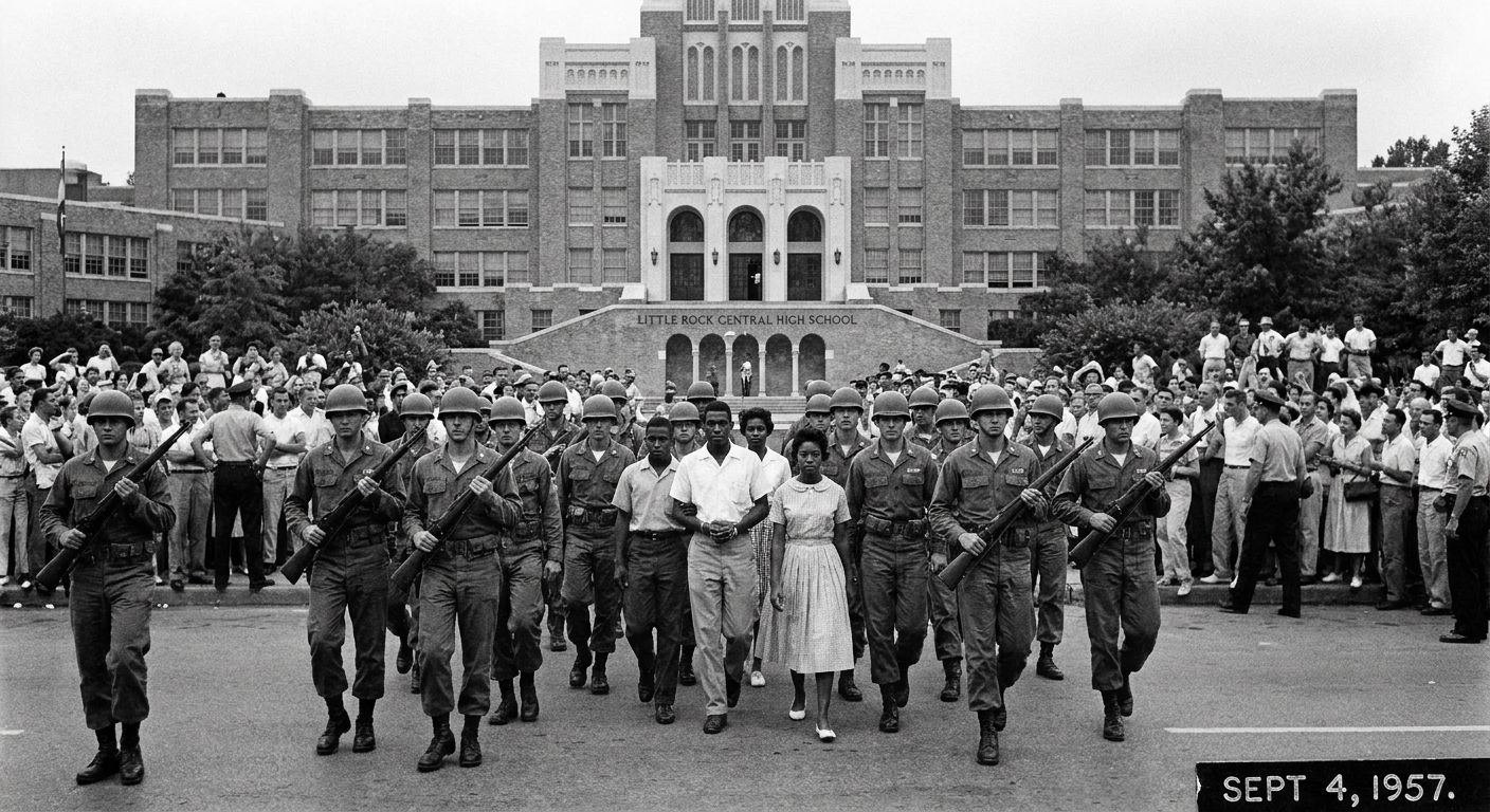 A tense scene outside Little Rock Central High School in Arkansas during the 1957 desegregation crisis, with uniformed National Guard members and students near the school entrance, documentary news photography style