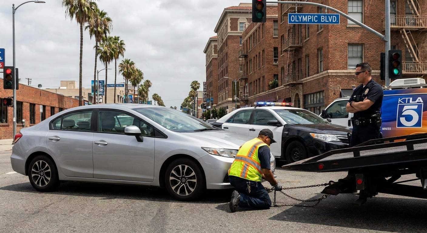 A tow truck operator hooking up a compact car while a police officer stands nearby on a city street in Los Angeles during an impound, news photography style