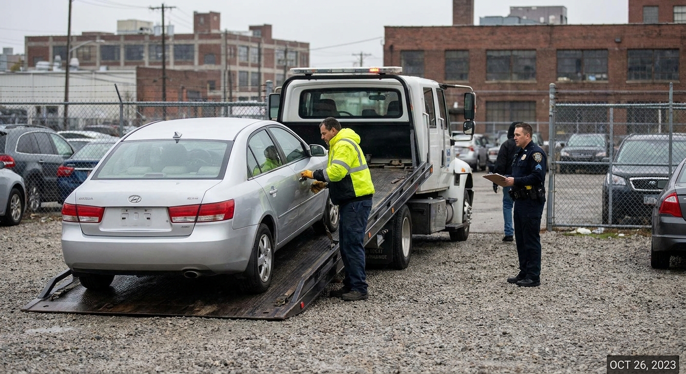A tow truck operator loading a sedan in an urban impound lot while a police officer stands nearby, realistic news photography style