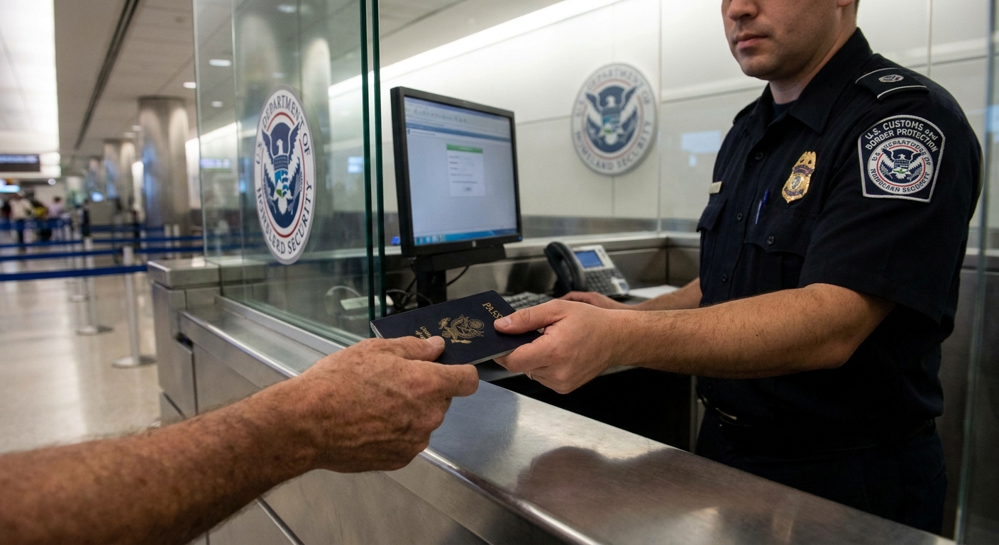 A traveler handing a passport to a U.S. Customs and Border Protection officer at an airport inspection booth, close-up photo