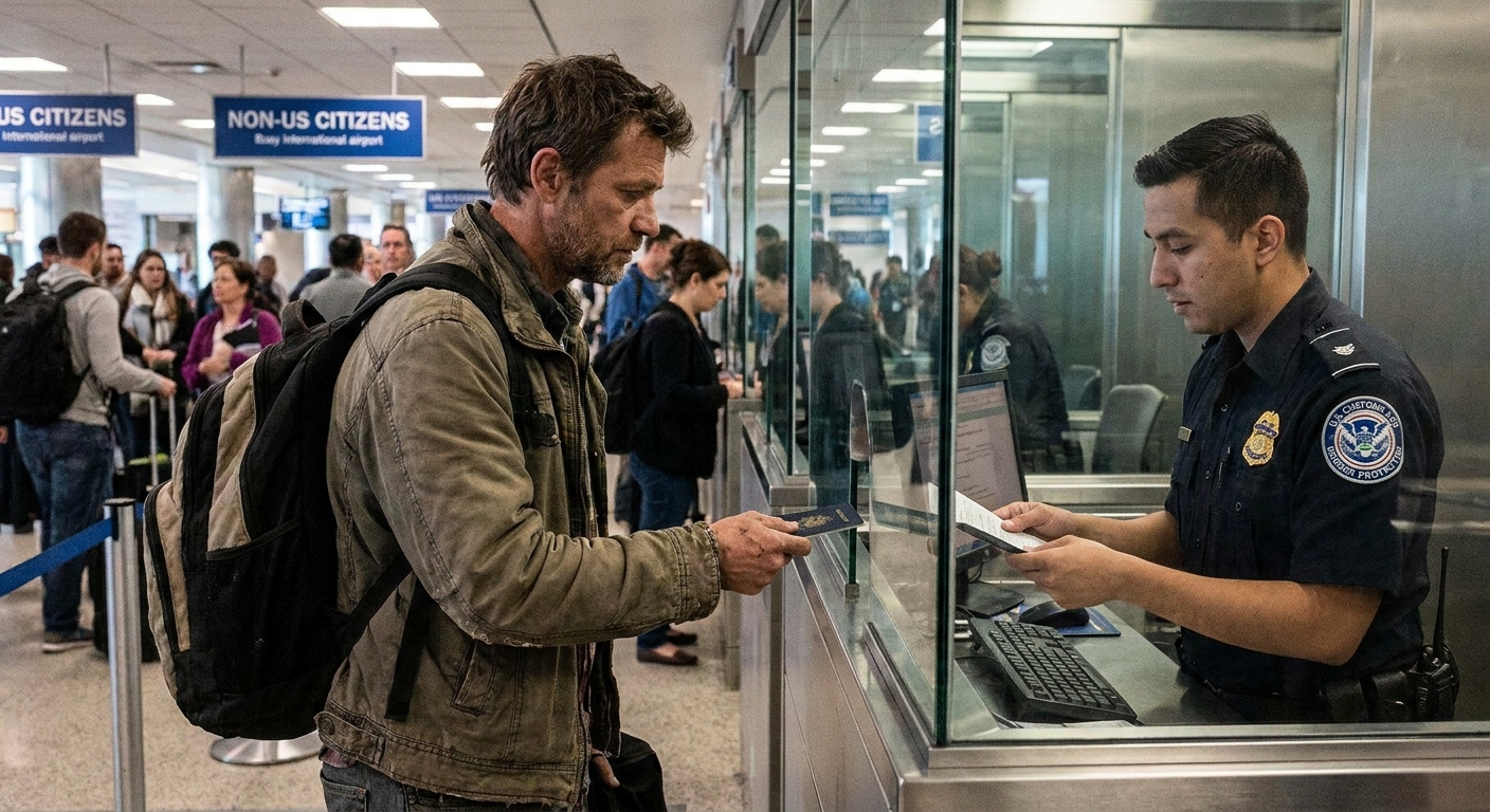 A traveler handing a passport to a U.S. Customs and Border Protection officer at an airport inspection booth, candid news photography style