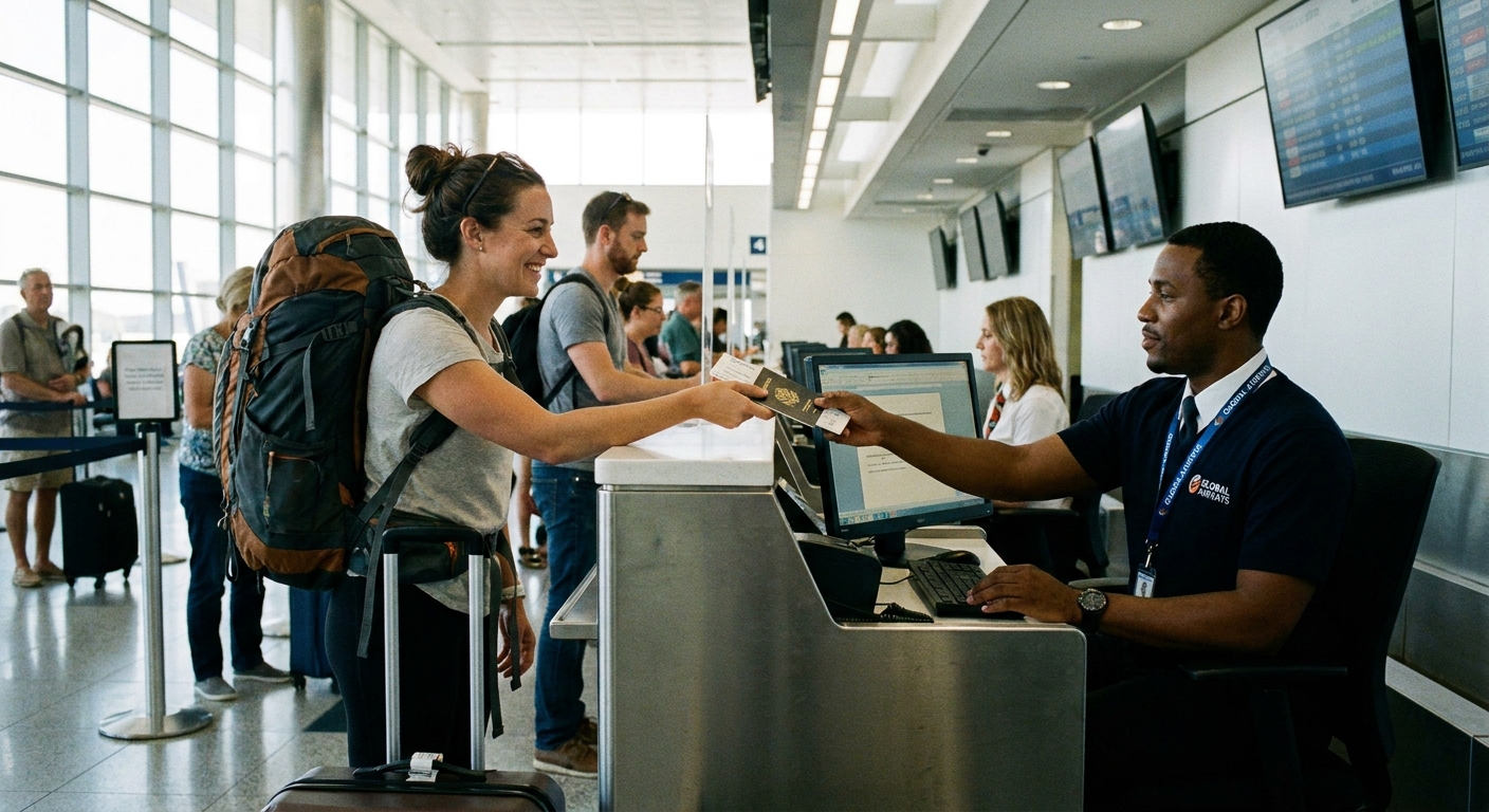 A traveler handing documents to an airline agent at check-in