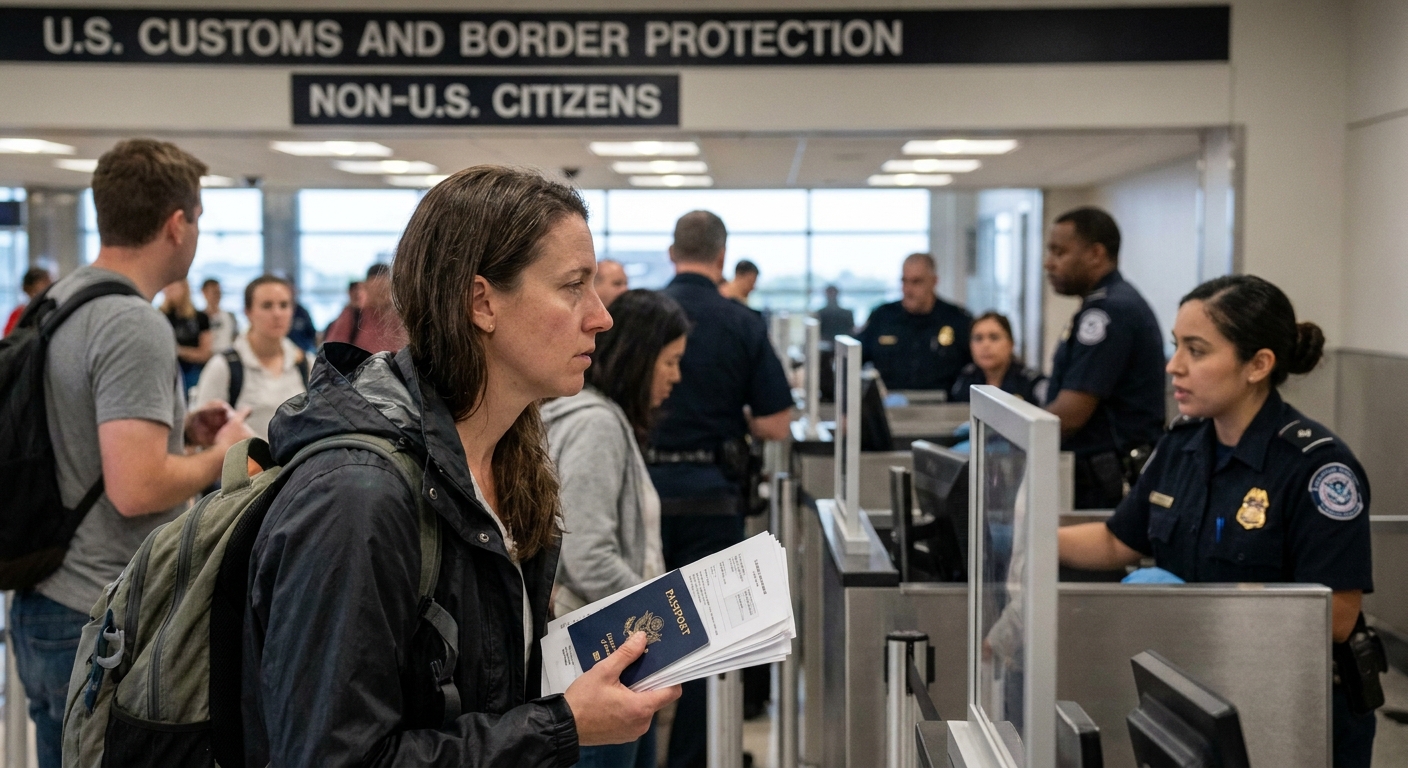 A traveler holding a passport and documents while standing at a U.S. airport passport control area with officers in the background, realistic news photography