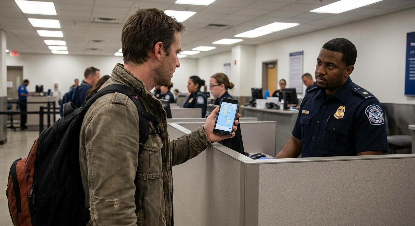 A traveler holding a smartphone while a uniformed border officer observes during secondary inspection inside an airport customs room, realistic candid photography style
