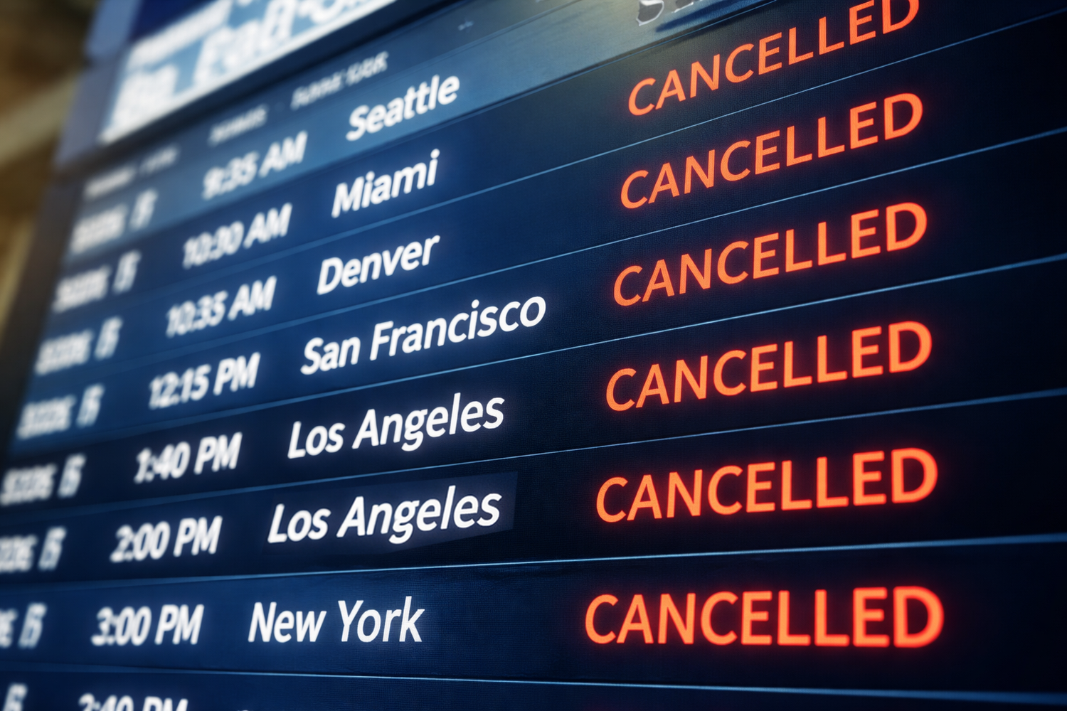 A traveler in an airport looking up at a departures board while checking a phone for travel alerts