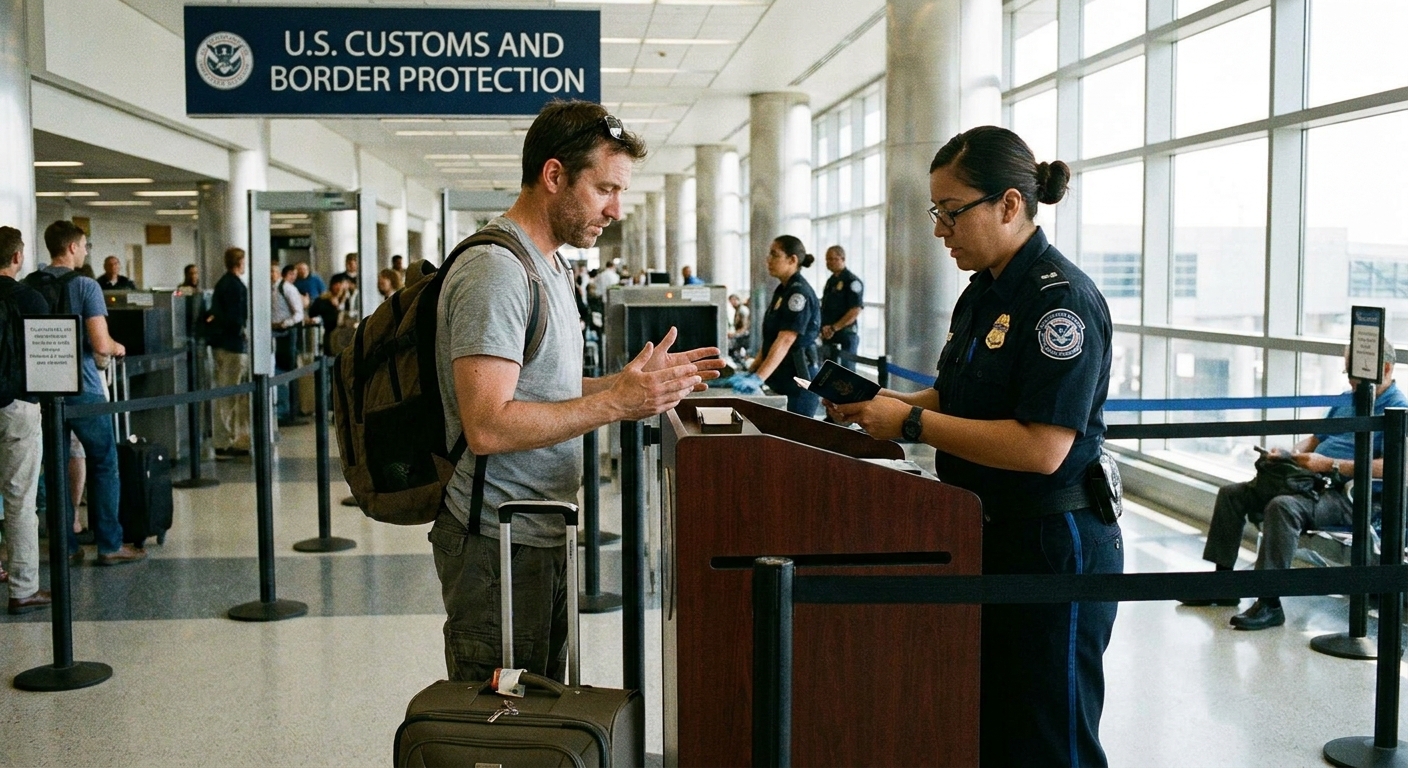 A traveler speaking with a CBP officer at an airport inspection area