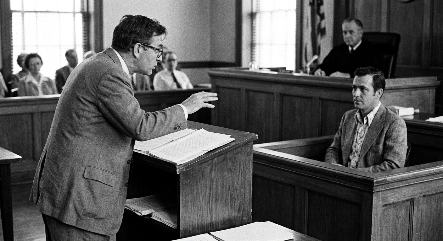 A trial attorney standing at a courtroom lectern during cross-examination, with a witness seated in the background, candid courtroom photography style