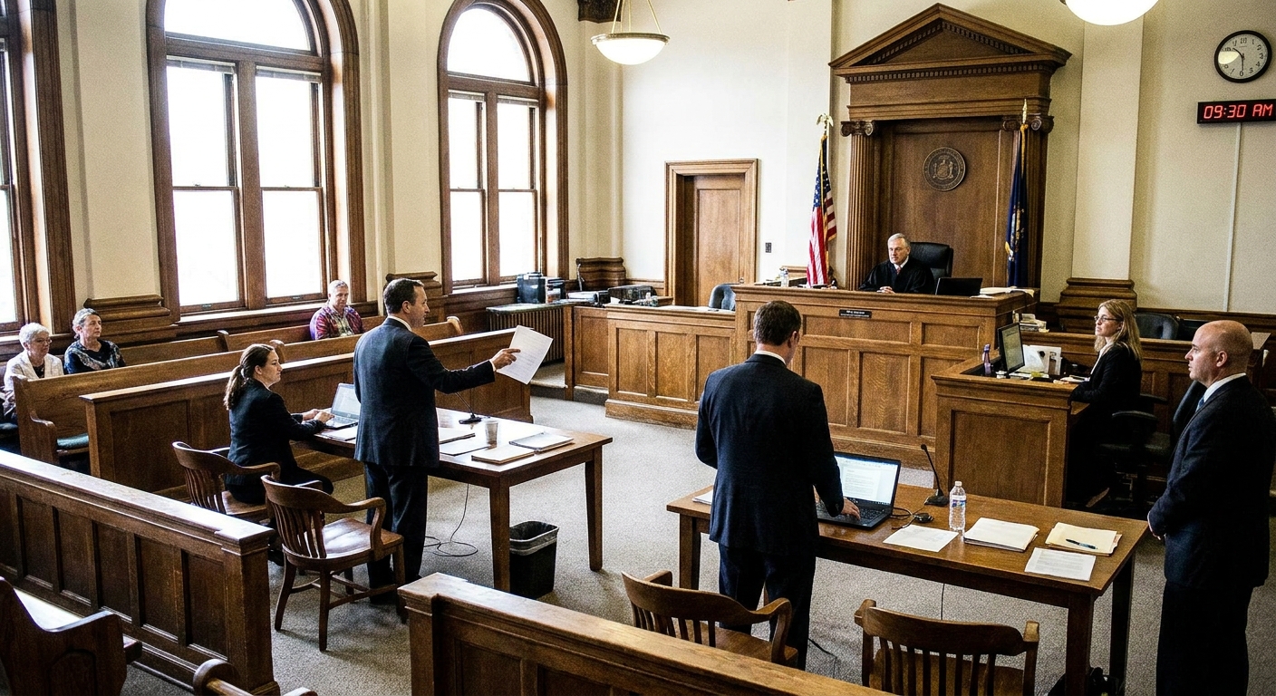 A trial court courtroom in the morning with a judge’s bench in the background and attorneys standing at counsel tables, realistic news photography style