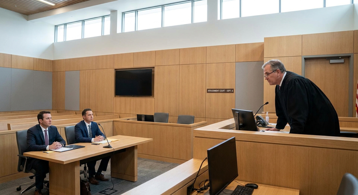 A trial court judge seated at the bench looking down toward counsel tables during a routine arraignment hearing in a modern courtroom, news photography style