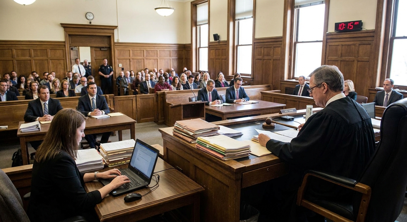 A trial court judge seated at the bench with a court clerk nearby during a busy morning criminal docket, realistic courtroom photo