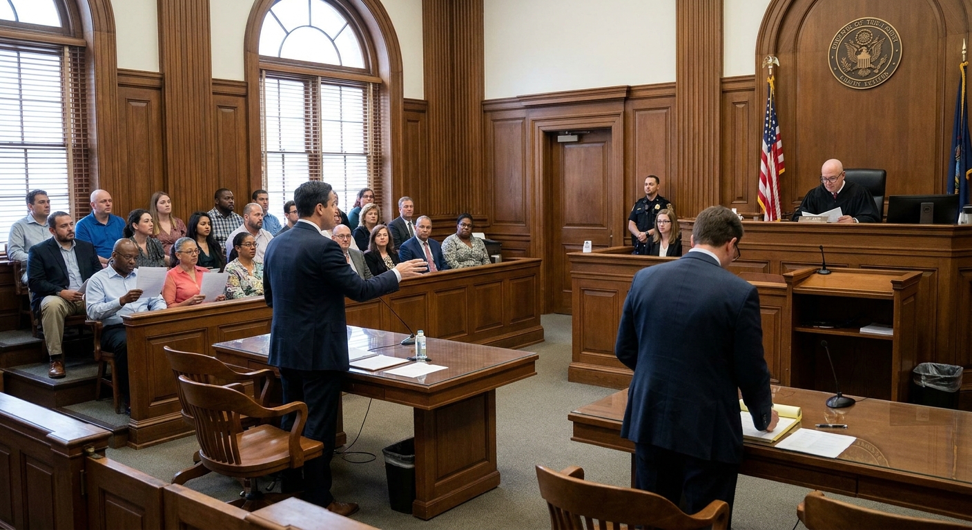 A trial courtroom during jury selection with prospective jurors seated in the jury box and attorneys standing at counsel tables while a judge watches from the bench, real news photography style