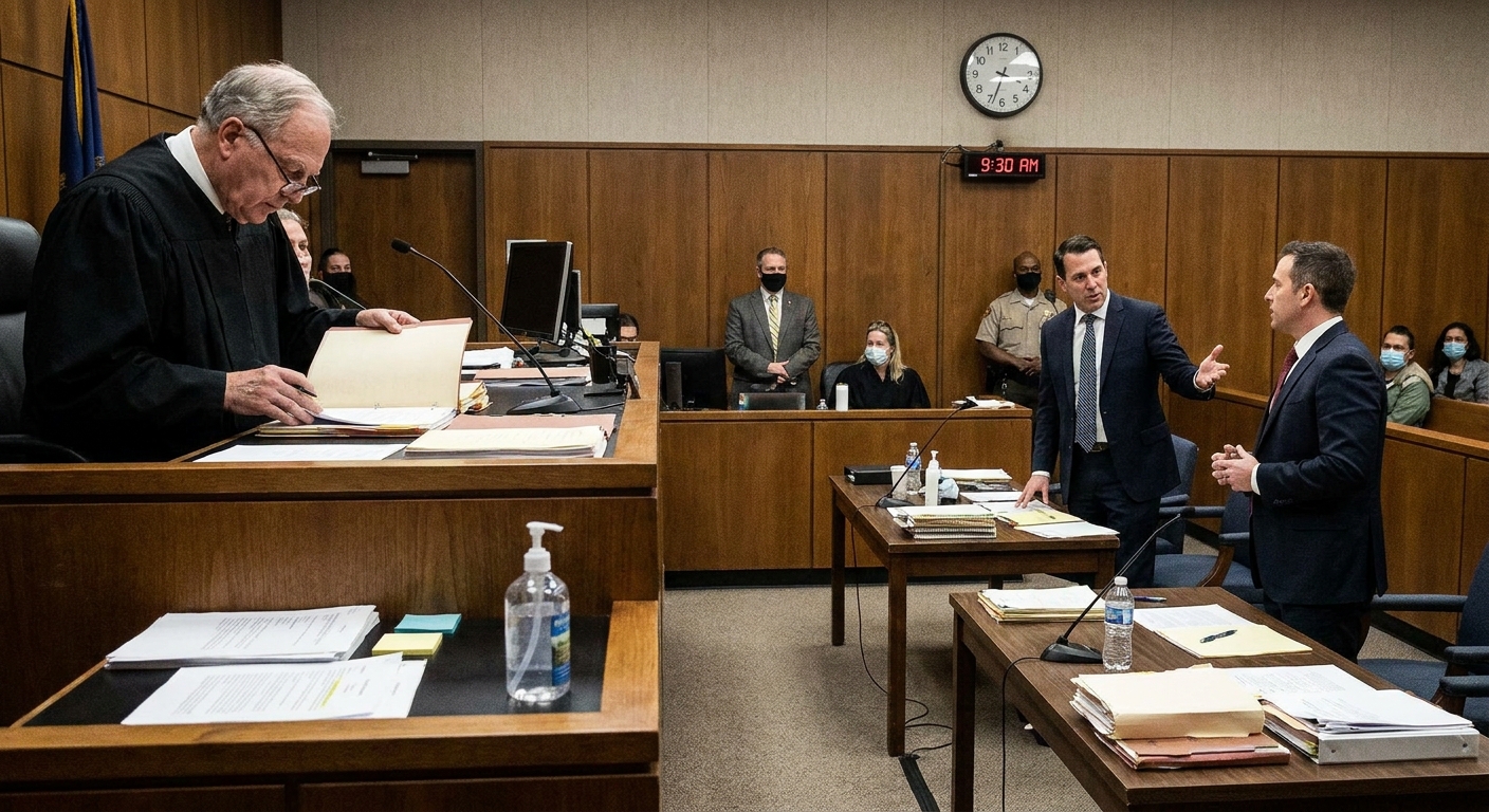 A trial judge looking down at case paperwork while attorneys stand at counsel tables during a bail discussion in a courtroom, realistic news photo style