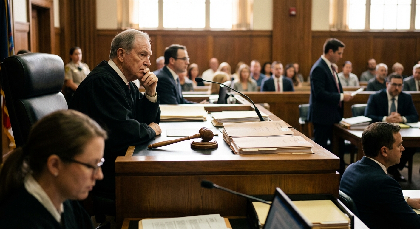 A trial judge seated at the bench in a criminal courtroom, gavel and case files visible, neutral documentary courtroom photography