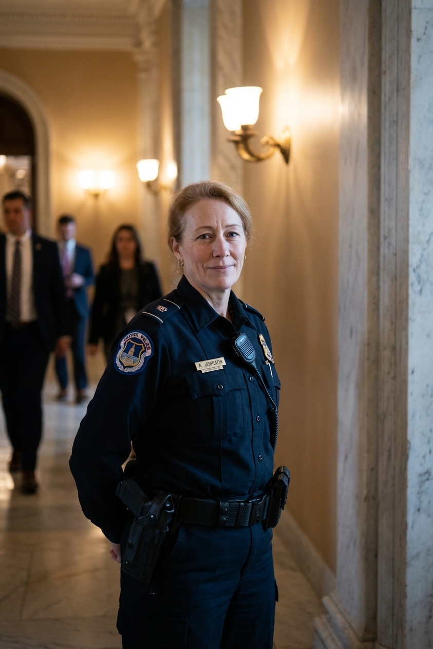 A uniformed congressional security official standing in a hallway of the U.S. Capitol with marble walls and soft indoor lighting, realistic documentary photography