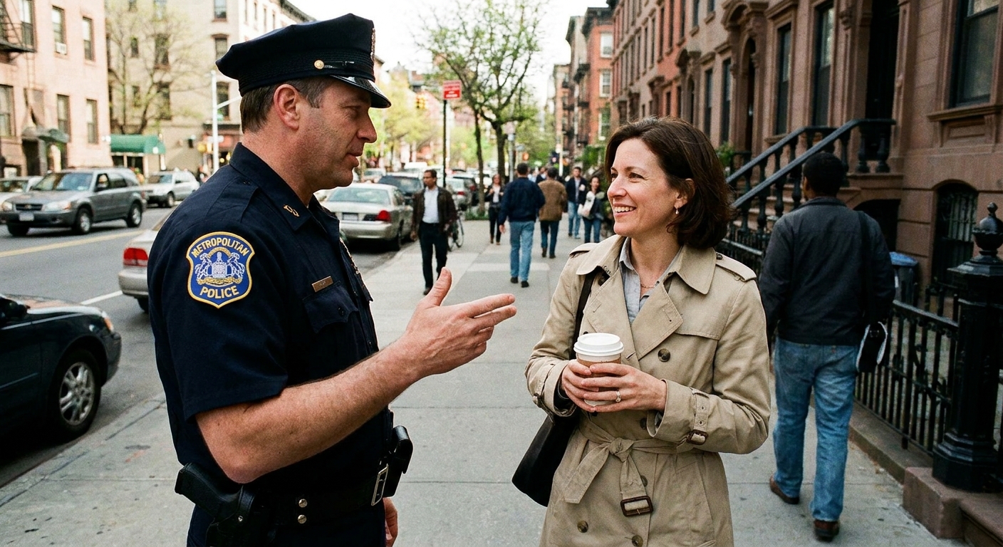 A uniformed police officer speaking with an adult pedestrian on a city sidewalk in daylight, documentary news photography style