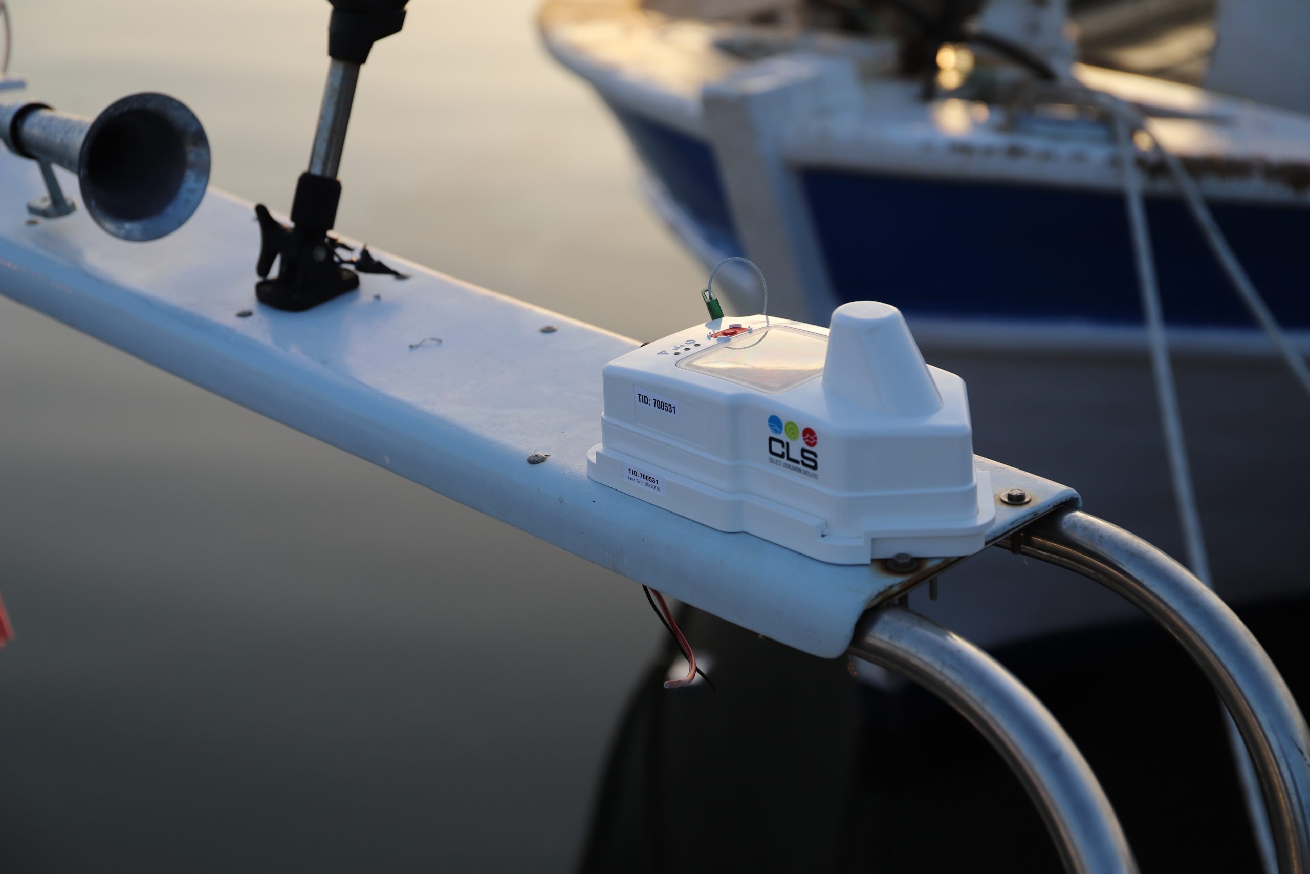 A vessel monitoring system or GPS tracking unit mounted on a fishing boat