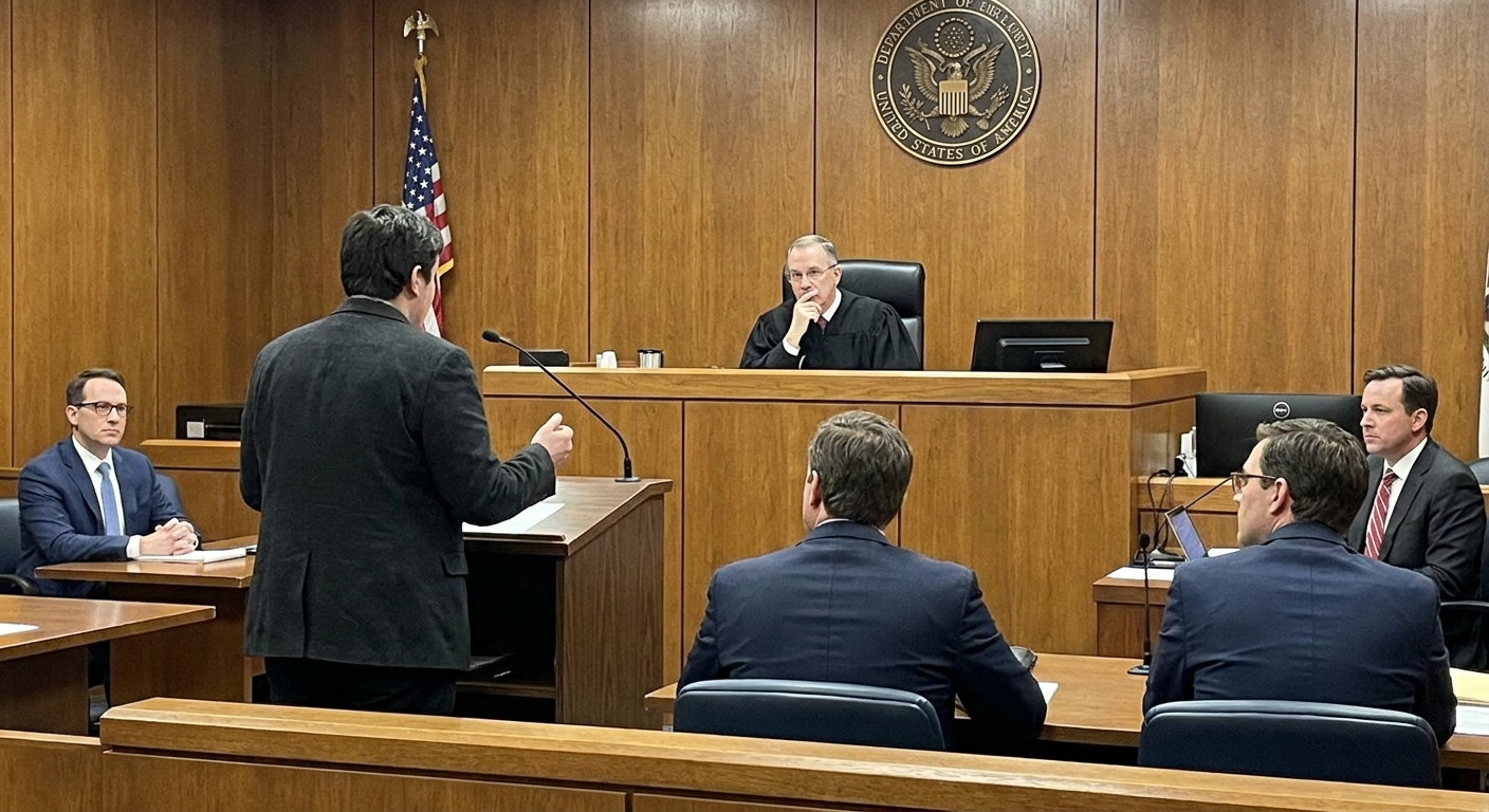 A victim standing at a courtroom lectern speaking during a federal sentencing hearing while the judge and attorneys listen, news photography style