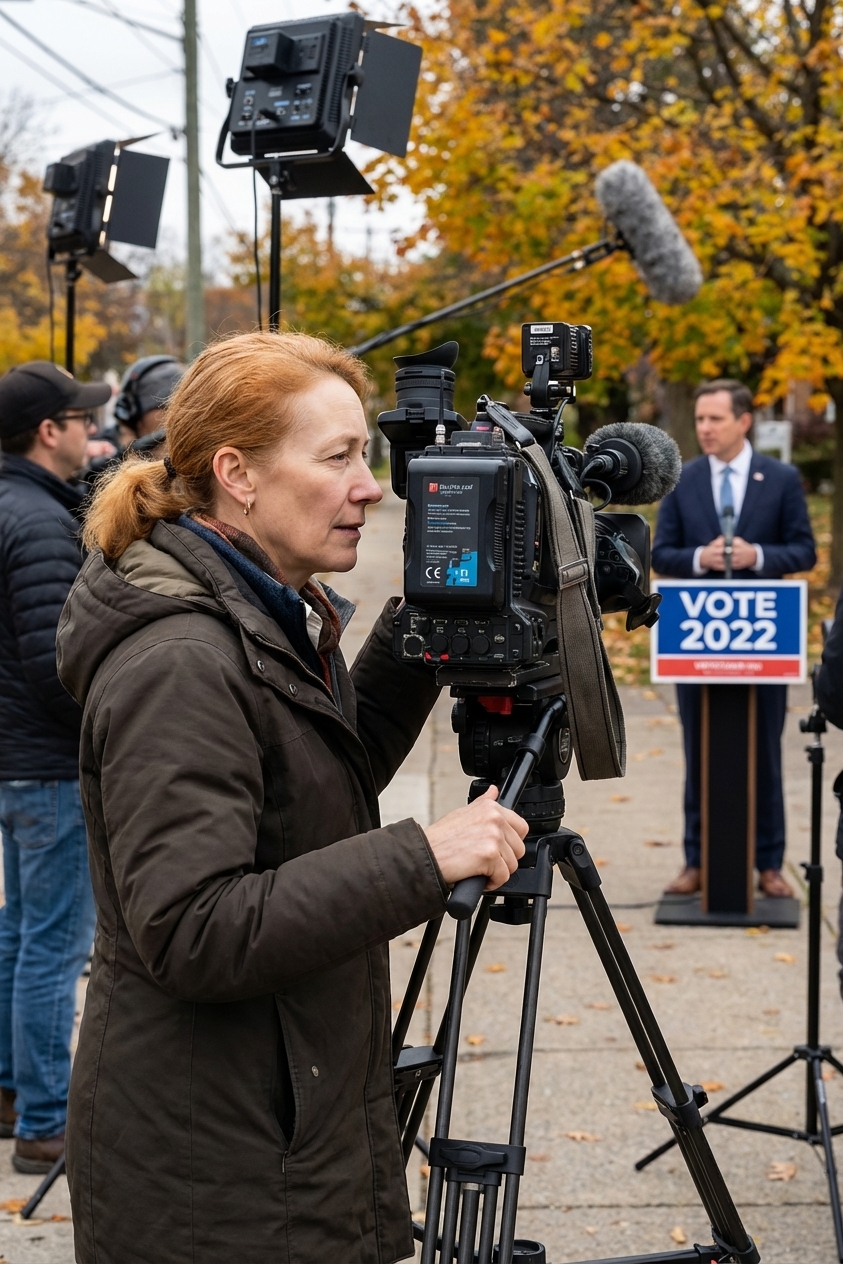 A videographer filming a political television advertisement scene in October 2022 with camera equipment set up outdoors, real photograph style