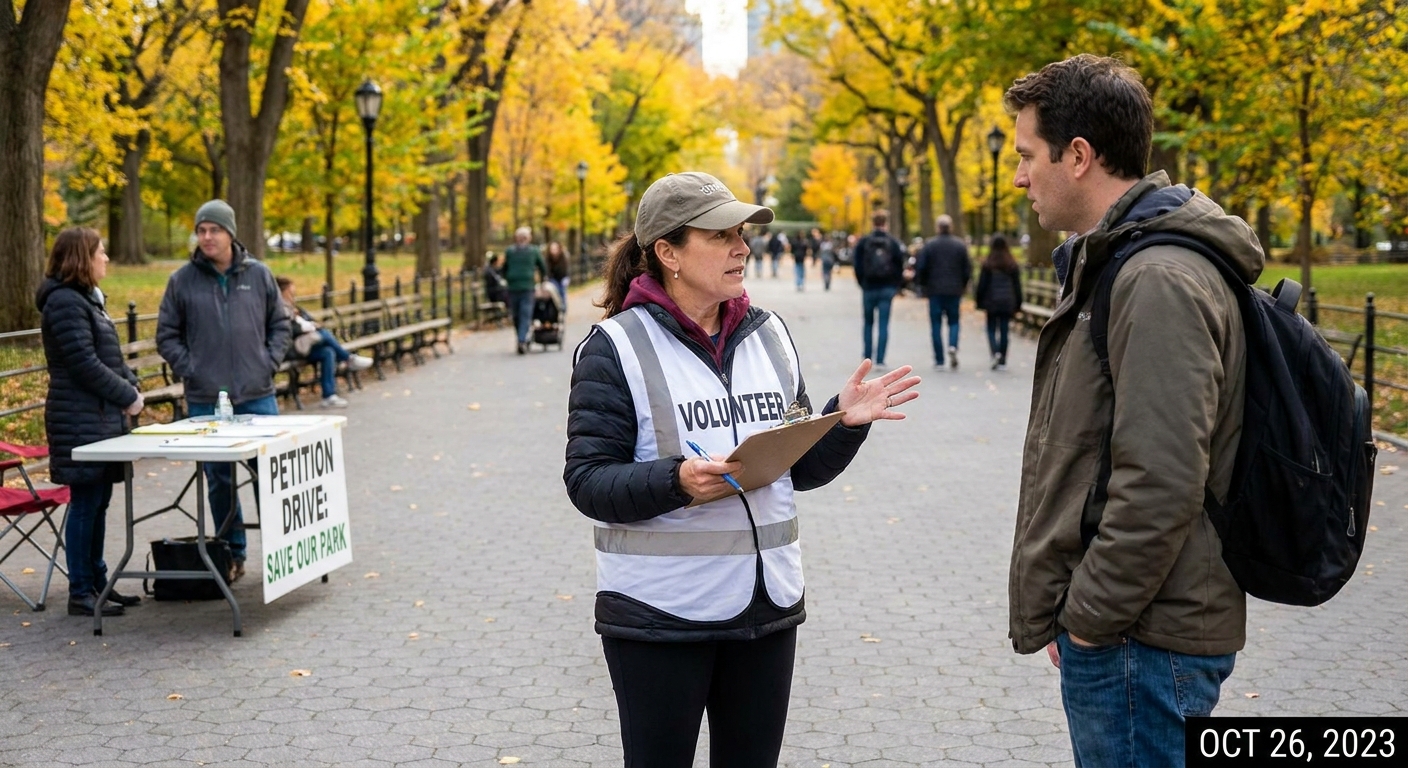 A volunteer standing beside a park walkway holding a clipboard while speaking with a passerby during a petition drive in a city park, candid news photography style