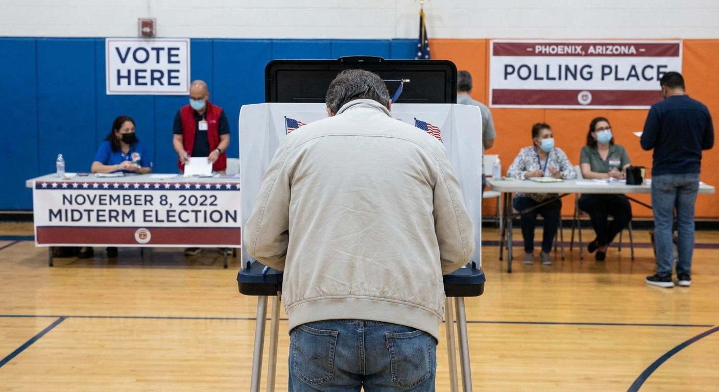 A voter at a private ballot booth inside a polling location in Phoenix, Arizona during the November 2022 midterm election