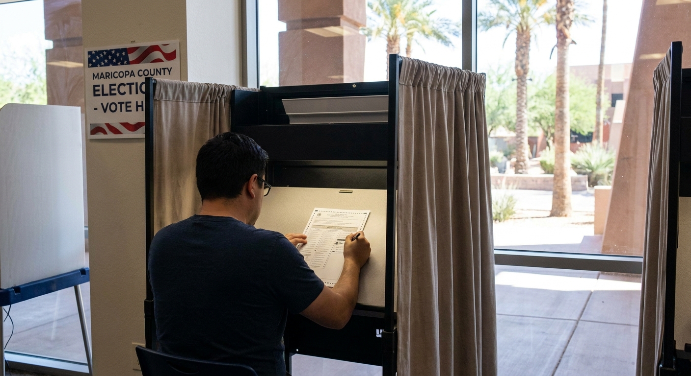 A voter filling out a paper ballot inside a private voting booth at a polling location in Phoenix, news photo style