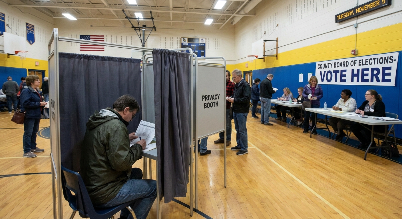 A voter filling out a paper ballot inside a private voting booth at a suburban county election site on Election Day, news photography style