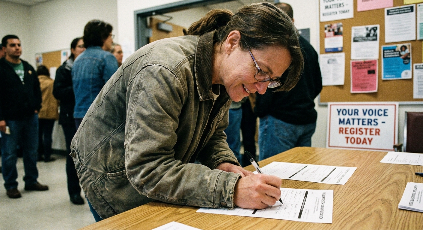 A voter filling out and signing a voter registration form at a community center table, candid photojournalism style