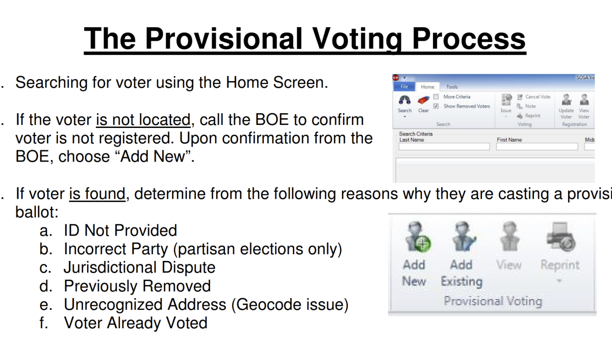 A voter holding a sealed provisional ballot envelope while standing near private voting booths inside a polling place, realistic documentary photography