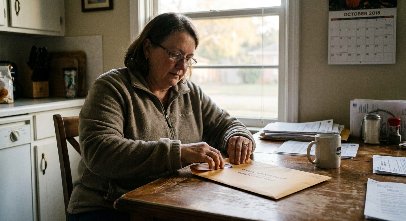 A voter in Harris County, Texas sealing an absentee ballot envelope at a kitchen table in October 2018, candid documentary photography style