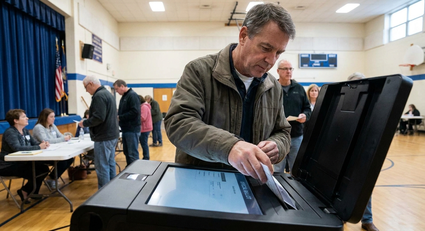 A voter inserting a paper ballot into a secure ballot scanner inside a polling place, realistic news photography style