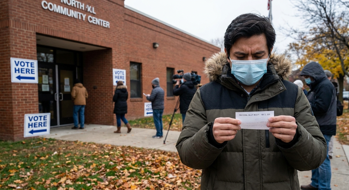 A voter outside a polling place in November 2020 holding a small paper receipt related to a provisional ballot process, news photography style