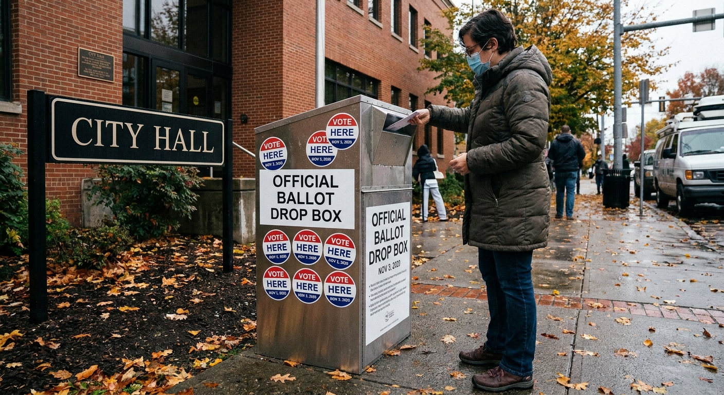 A voter placing a ballot into an official drop box outside a city hall building in November 2020, street-level news photography style