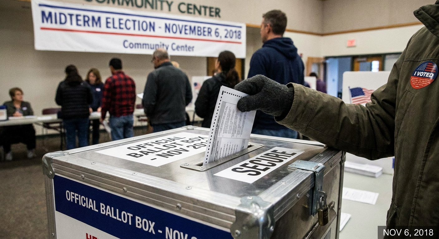 A voter placing a paper ballot into a secure ballot box during the November 2018 midterm election, close-up news photography style