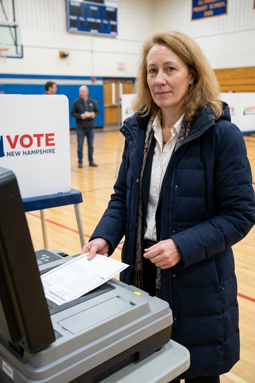 A voter placing a paper ballot into a tabulator at a New Hampshire polling place during a presidential primary, news photography style