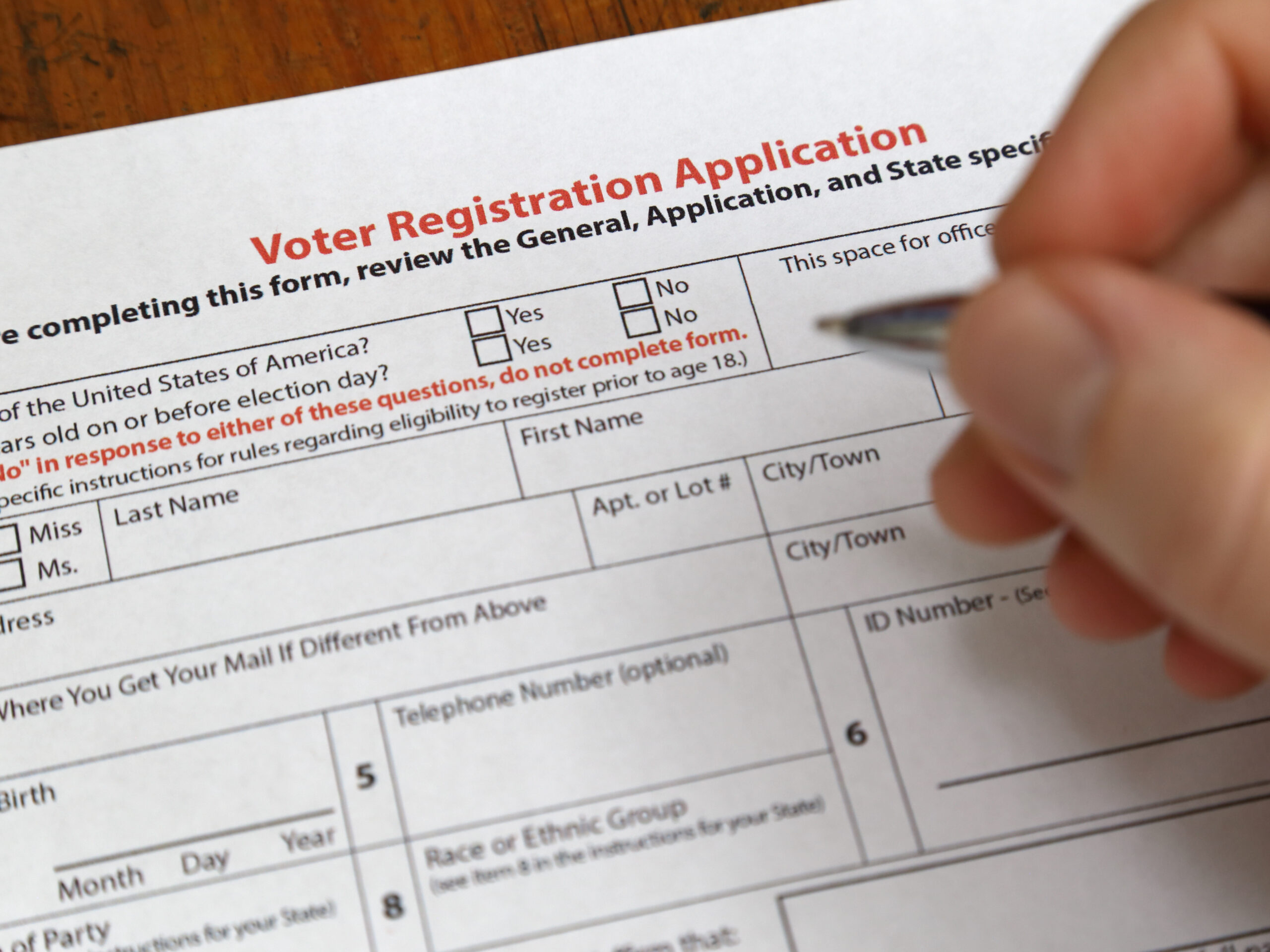 A voter registration form, illustrating how voter records can be tied to personal identifying information