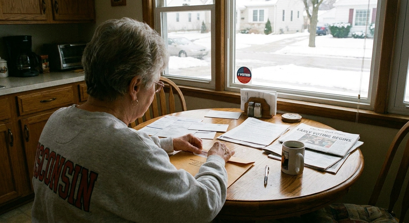 A voter sealing a ballot envelope at a kitchen table in Milwaukee, Wisconsin during an election season, news photography style