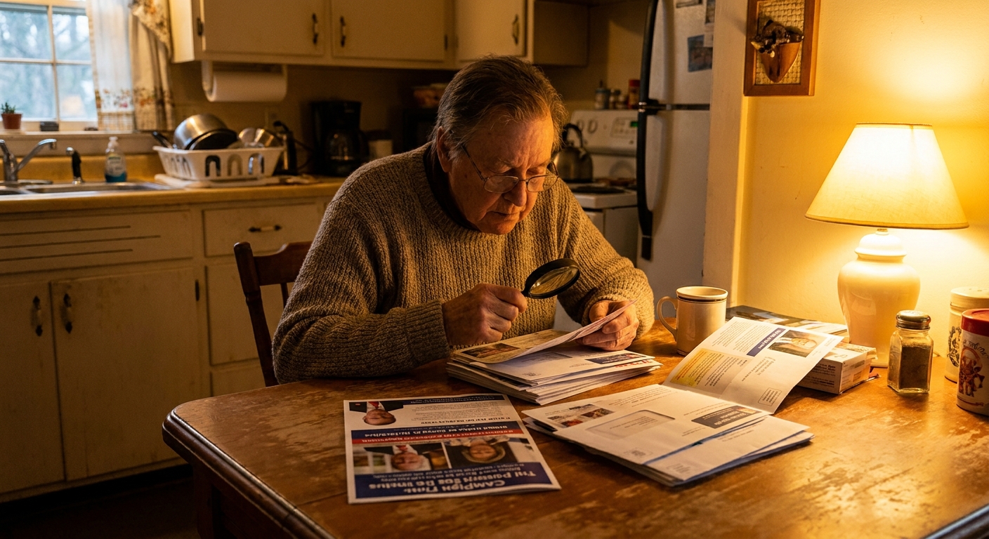 A voter sitting at a kitchen table sorting campaign mailers and reading fine print disclaimers, warm indoor lighting, documentary photography style