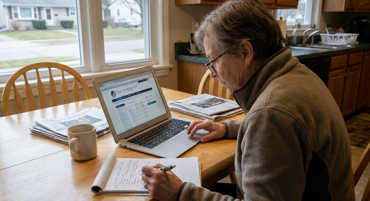 A voter sitting at a kitchen table using a laptop with a notebook and coffee nearby, researching campaign finance information online, news photography style