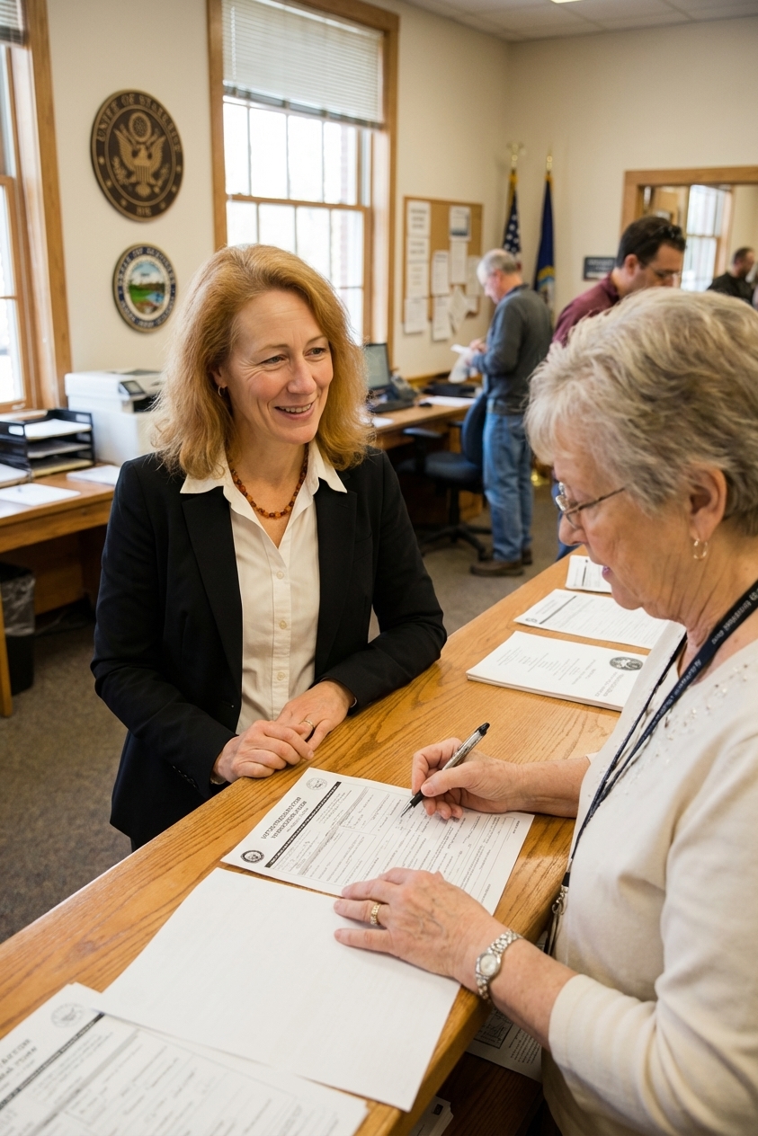 A voter standing at a counter inside a county elections office while a clerk reviews a voter registration form, candid photo style