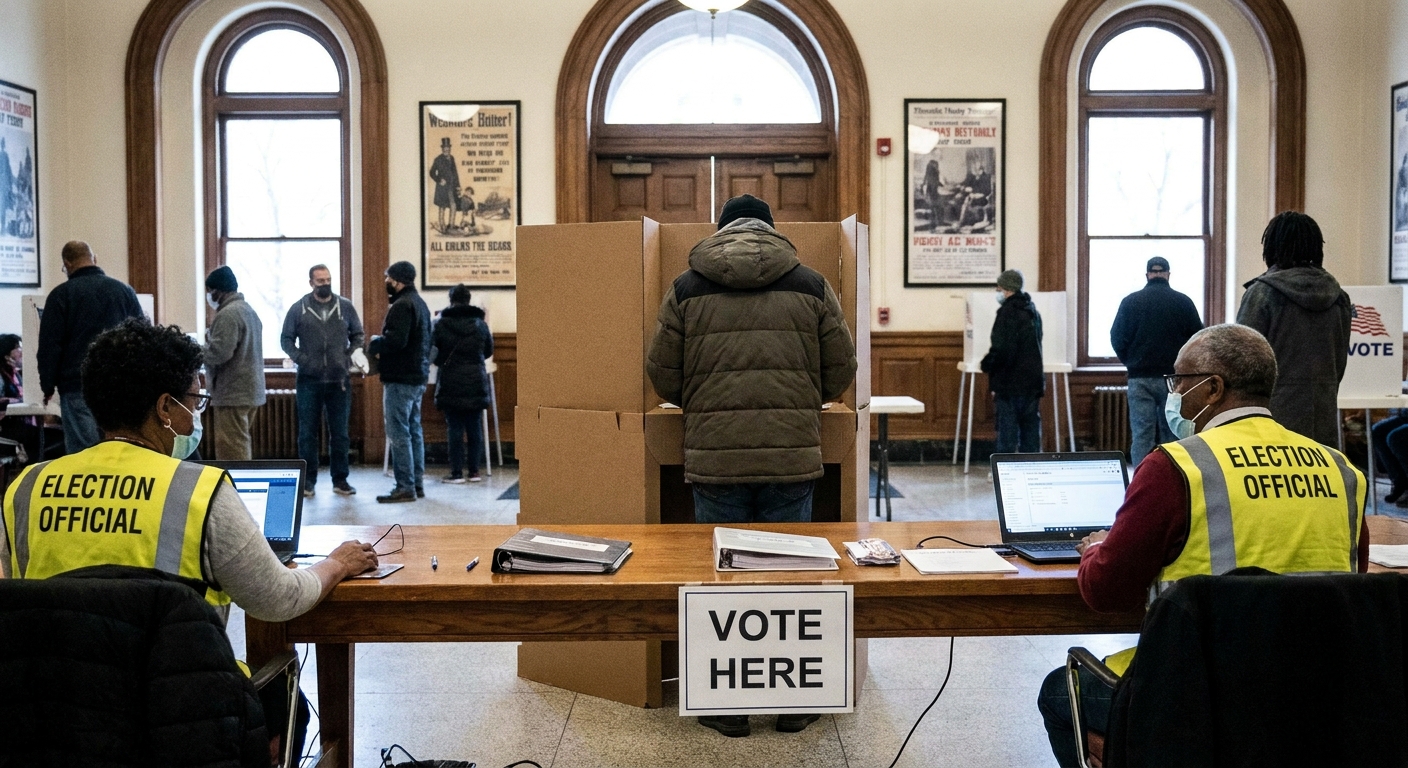 A voter standing at a privacy voting booth inside a city hall polling place while election workers sit at a check-in table, news photography style