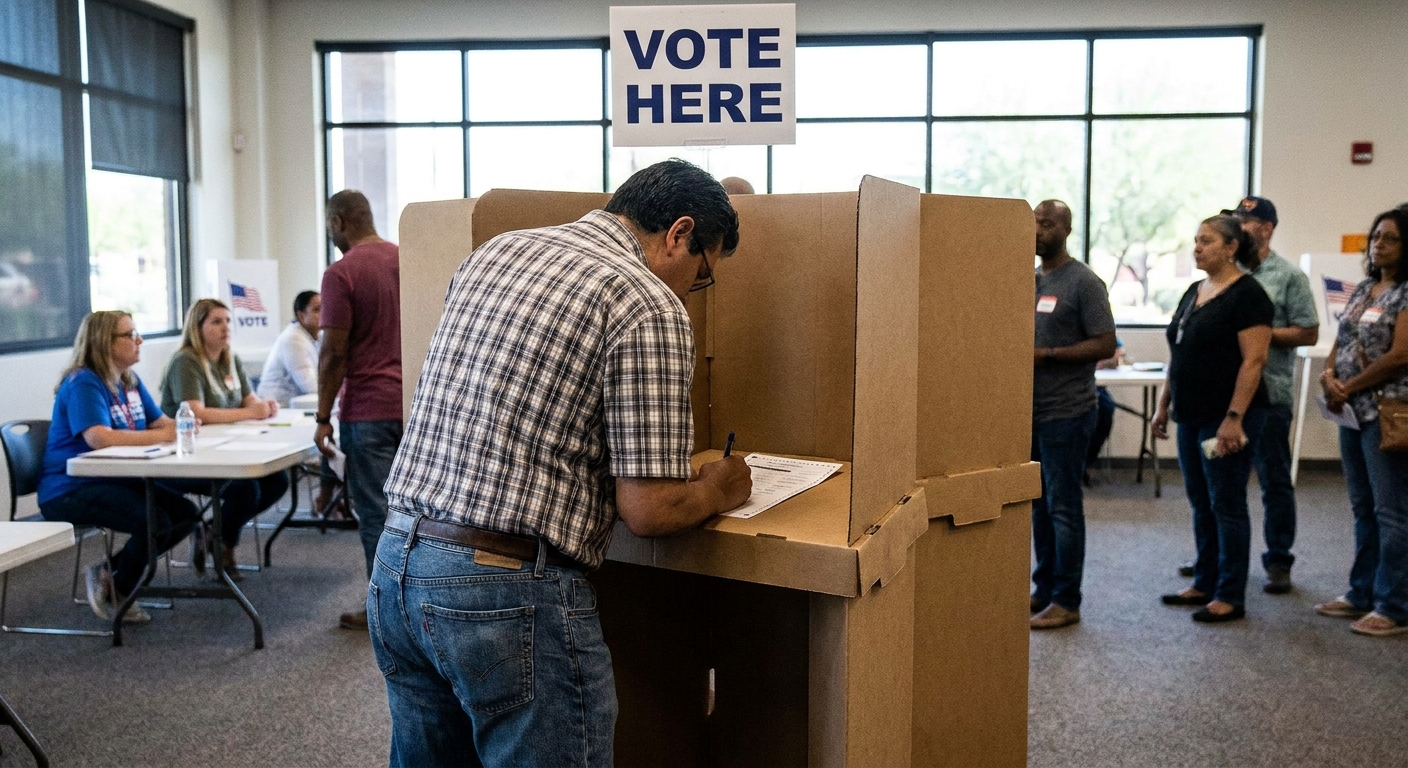 A voter standing in a private polling booth marking a paper ballot inside a community center in Phoenix, Arizona, news photography style