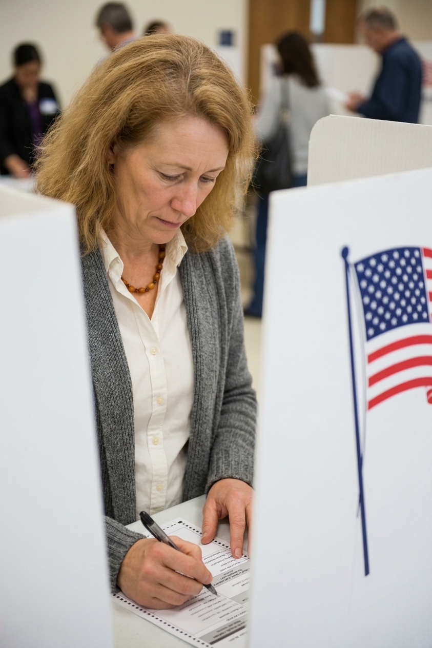 A voter standing in a private voting booth with an American flag visible nearby, realistic documentary photography, shallow depth of field