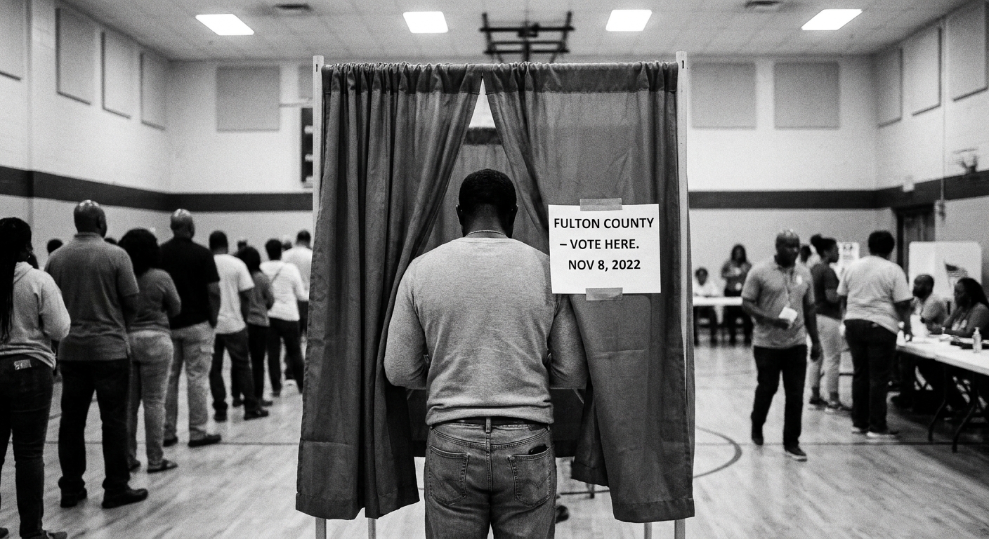 A voter standing inside a private voting booth at a polling place in Atlanta during the November 2022 midterm elections, documentary photography style